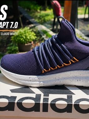 adidas Men’s Navy Knit Lace-Up Sneakers with Orange Accents